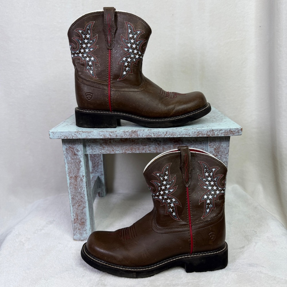 Ariat Brown Western Ankle Boots with White Star Stitching and Red Trim